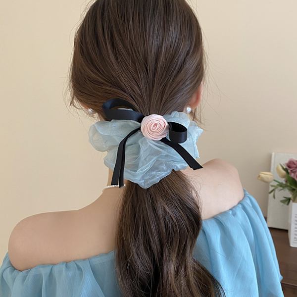 Cloth Rose Hair Tie Sløyfe Rose Elastisk Hårring SVART Black