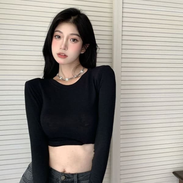 Langærmet Cropped T-shirts LYSEGRÅ L Light Grey L