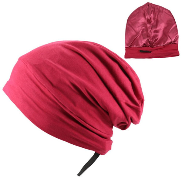 Blødt stretch satin hætte foret sovebeanie hat RØD red