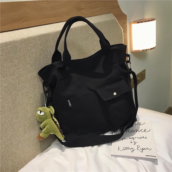 Lerret Skulderveske Dame Tote Bag SVART-MED DINOSAUR Black-With dinosaur