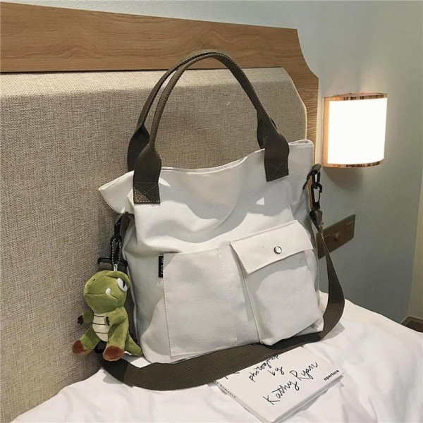 Lerret Skulderveske Dame Tote Bag HVIT-MED DINOSAUR White-With dinosaur