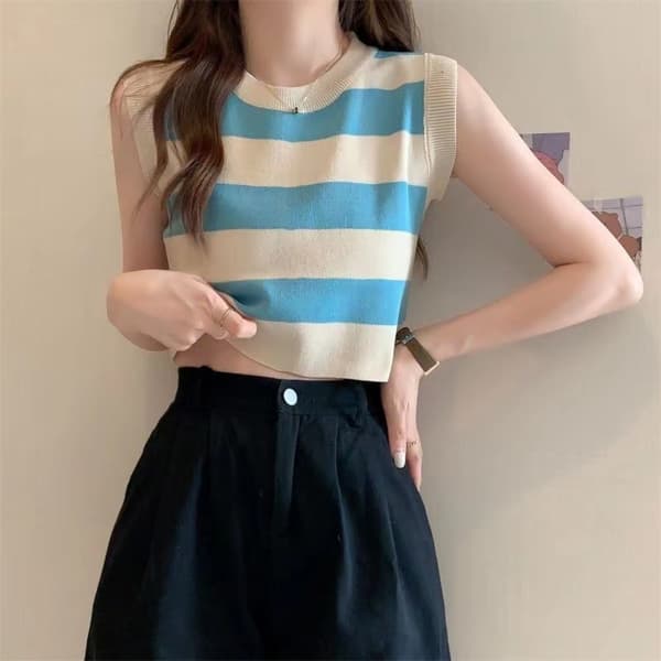 Raidallinen neuleliivi crop top, KHAKI khaki