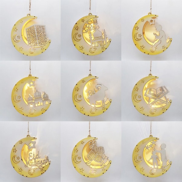 Eid Mubarak Moon Lamp Hanging Lantern Pendel Trä C C