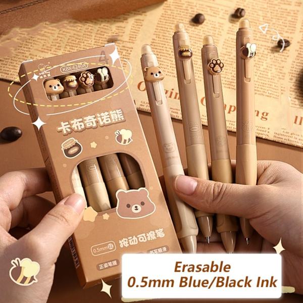 4 STK/Eske Sletbar Pen Gel Pen BRUNT SORT Blæk SORT Blæk Brown Black Ink-Black Ink