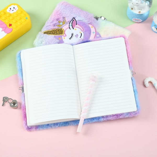 Plysch Unicorn Cartoon Notebook Låsbar A5-dagbok för barn