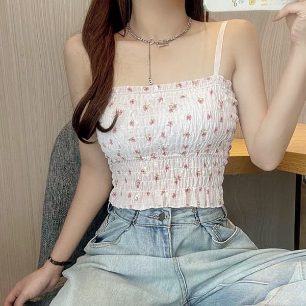 Blommig Camisole Tryckt Linne Blå Blue