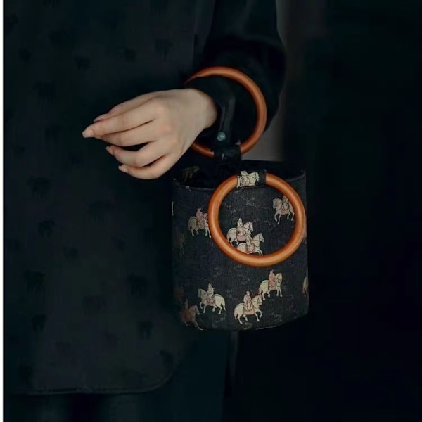 Etnisk stil Circular Ring Handväska Retro Bucket Bag SVART Black