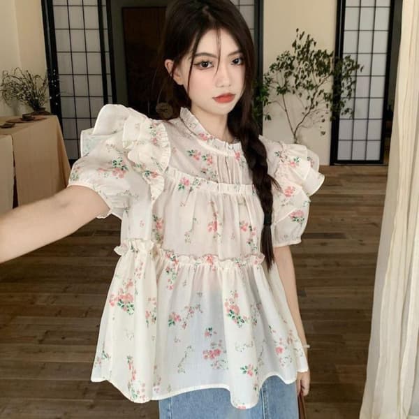 Blomstret skjortebluse S S