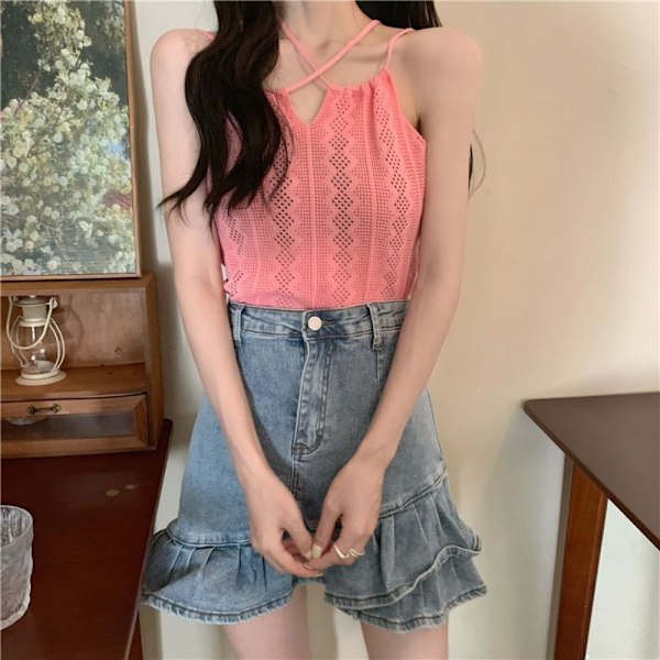 Strikket Sling Hollow Out Top SORT Black