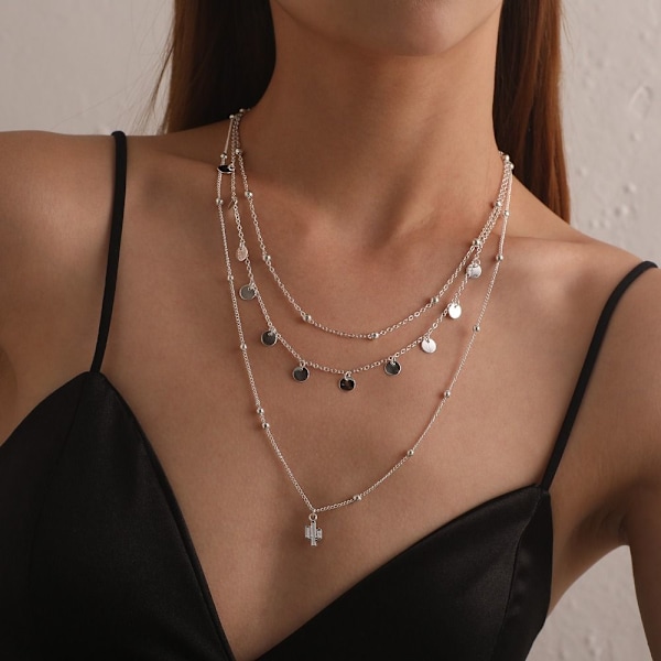 Flerlagers Halsband Lång Kedjehänge SILVER silver