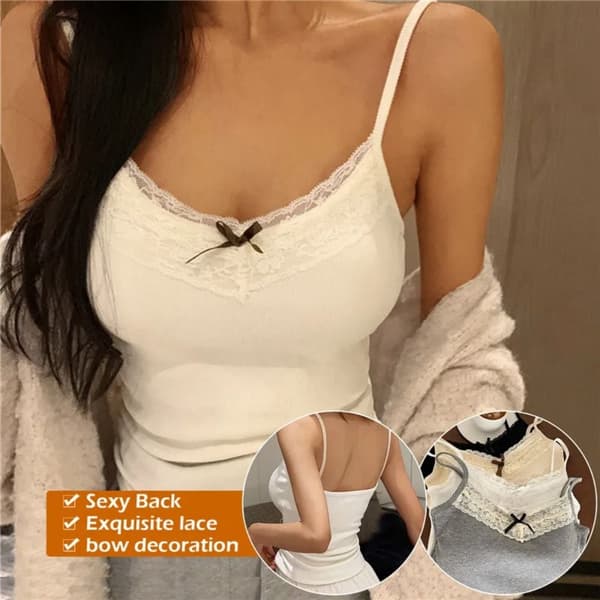 V-ringad Slim Tank Topp med Spetskant VIT White