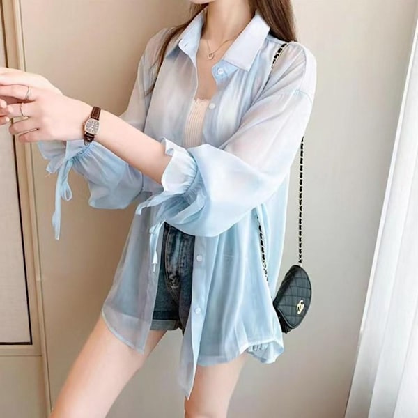 Damebluse Chiffonbluse BLÅ XL Blue XL