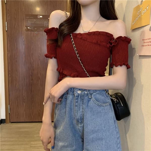 Off-shoulder bluser One-line skulder hals PINK pink