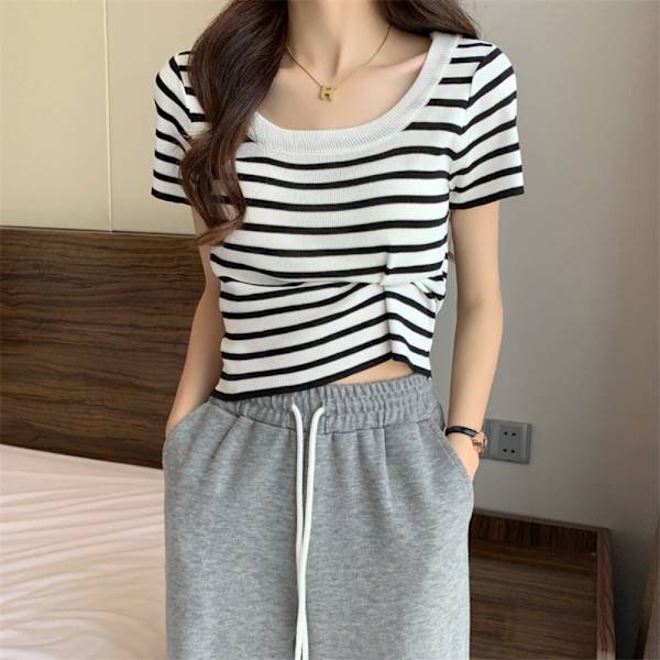 Kintted T-skjorte Dame Topp HVIT White