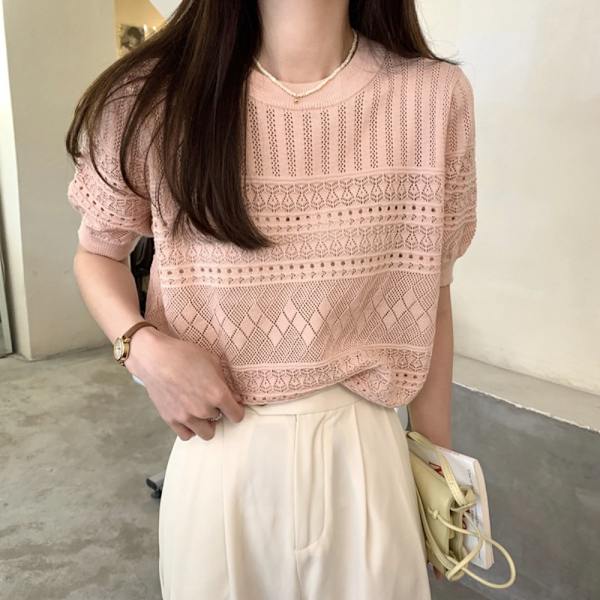 Neulottu T-paita Pyöreäkaula-aukkoinen toppi PINK Pink