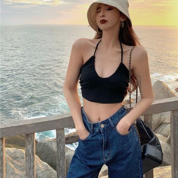 Haltertopp Crop Top SVART M Black M