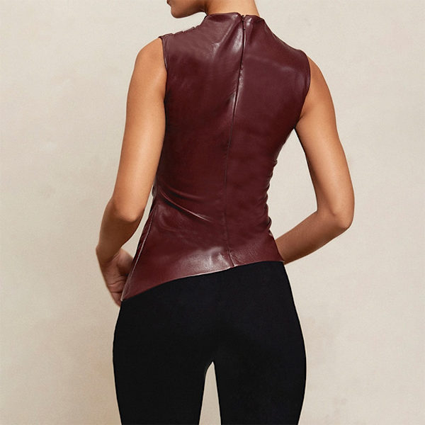 Fashion Asymmetrisk Top Läder Ruched Väst WINE RED M Wine Red M