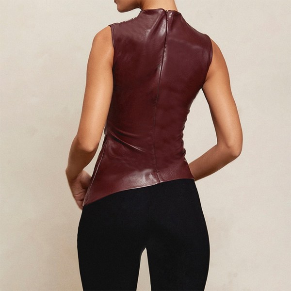 Fashion Asymmetrisk Top Läder Ruched Väst WINE RED S Wine Red S