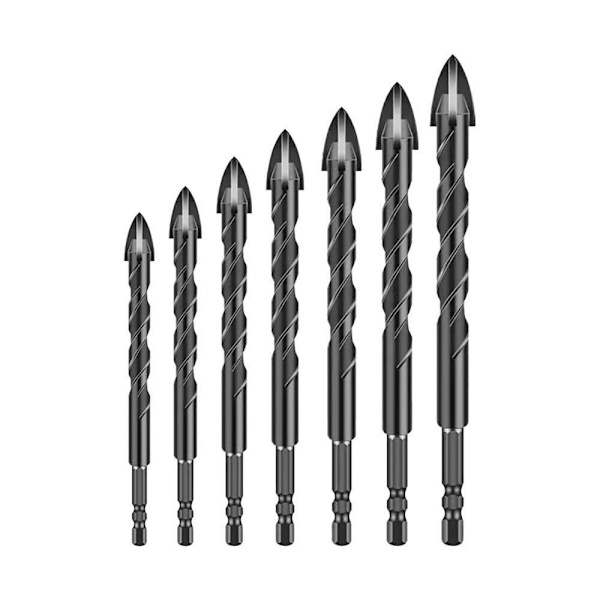 7 Styck 4-Ege Cross Borr Bit Set Sexkantigt skaft Legering borr black