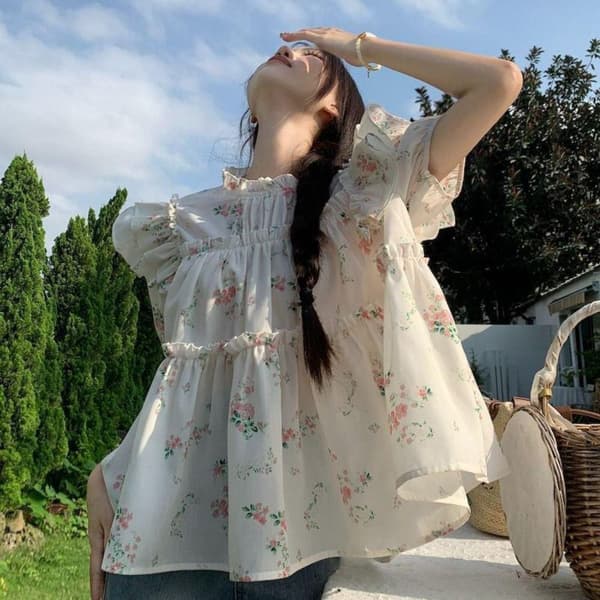 Blomstret skjortebluse S S