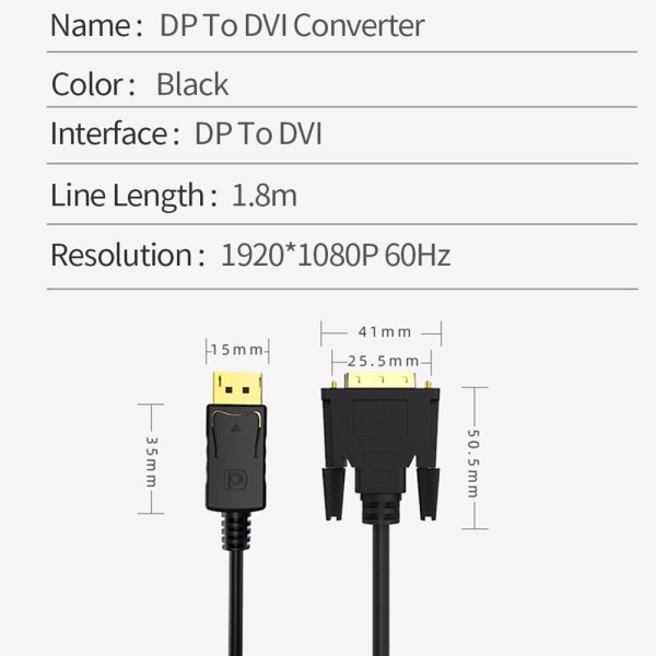 DP till DVI 24+1-kabel DisplayPort-adapter 1.8m