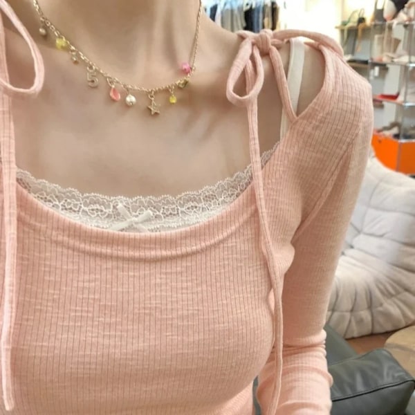 Falsk todelt langærmet T-shirt Langærmet camisole PINK L Pink L