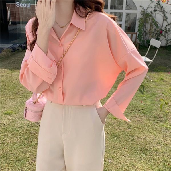 Langærmet bluse dameskjorte ORANGE PINK M Orange Pink M