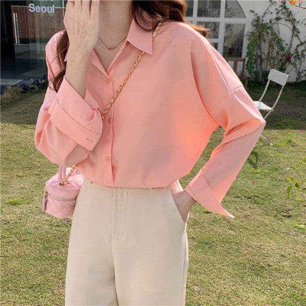 Langermet bluse dameskjorte ORANGE ROSA M Orange Pink M