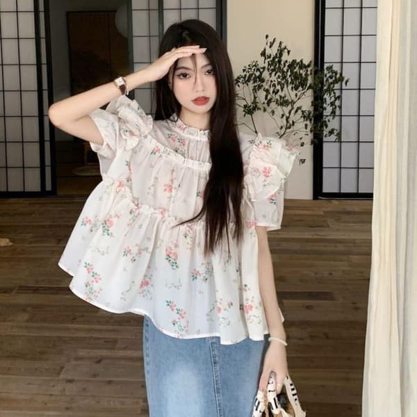 Blomstret skjortebluse S S