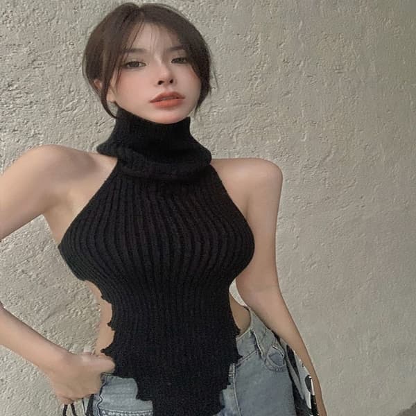 Strikket Tank Croptop Off-Shoulder Top SORT black