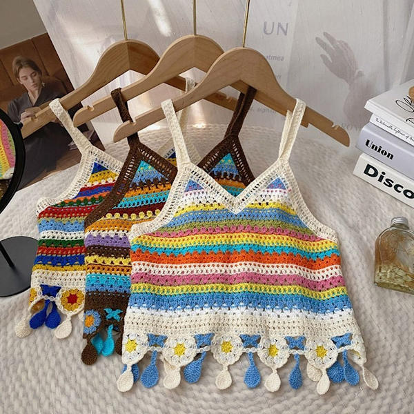 Brodert Strikket Vest Hulkrok Blomstertopp APRIKOS Apricot