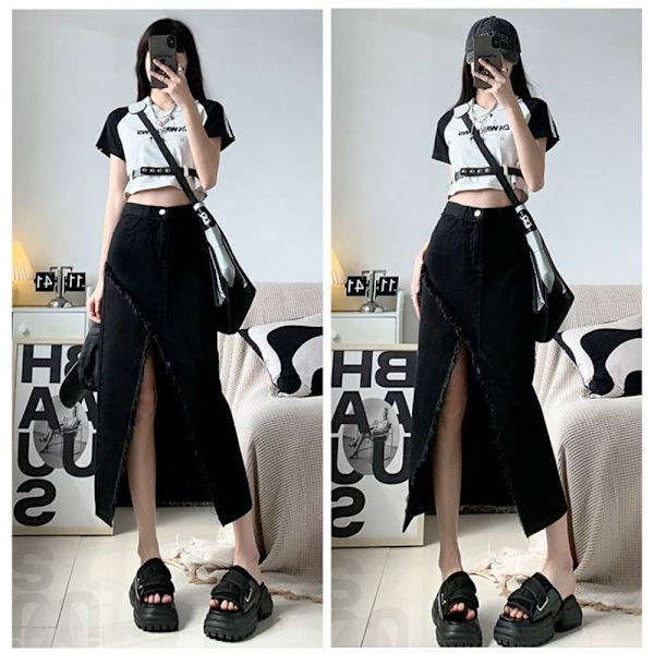 Split Denim -hame A-linjainen hame MUSTA XL Black XL
