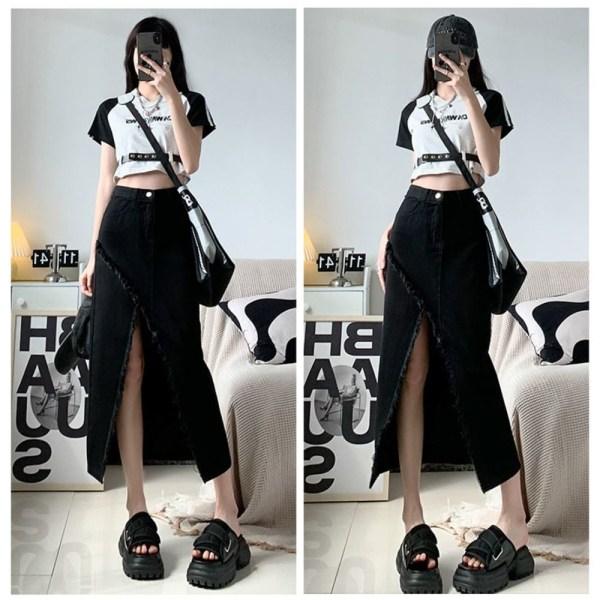 Split denim nederdel A-line nederdel SORT GRÅ L Black Grey L