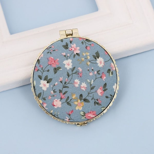 Mini Makeup Floral Mirror Pocket Cosmetic Mirror RUND-BLÅ Round-Blue