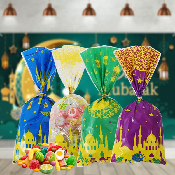 50 st Eid Mubarak Plast Candy Cookie Bag Presentpåsar