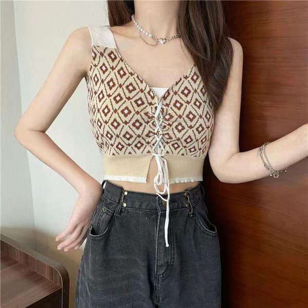 Trykt Strikket Camisole Dame Crop Top SORT Black