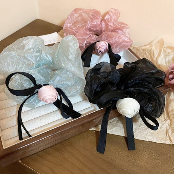 Cloth Rose Hair Tie Sløyfe Rose Elastisk Hårring SVART Black