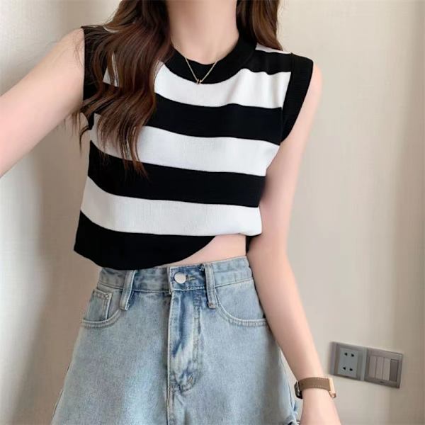 Kontrasterande randig stickad väst Crop Top KHAKI khaki
