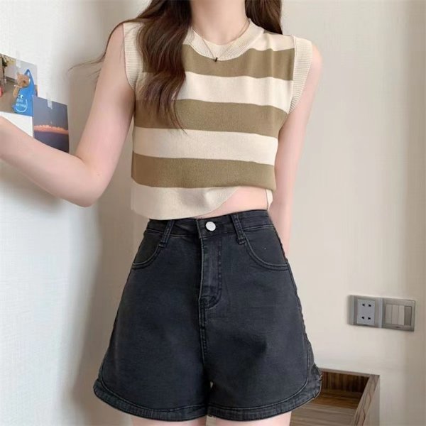 Kontrasterande randig stickad väst Crop Top KHAKI khaki