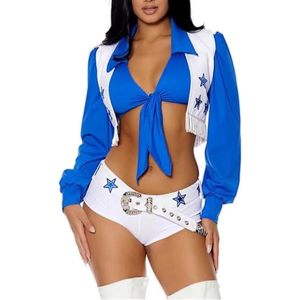 Dallas Cheerleader-kostym för kvinnor - Flickkläder Vuxen Halloween - 3-delad skjorta väst och vita shorts M