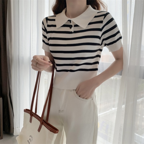 Strikket Stripe T-shirt Kort Top HVID White