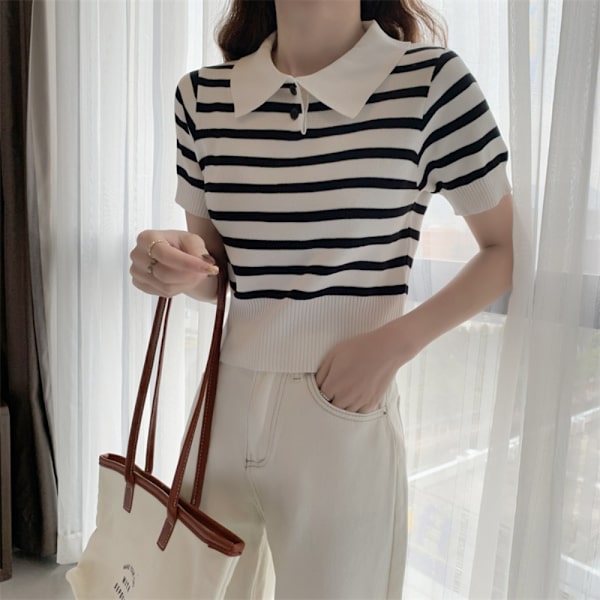 Strikket Stripe T-skjorte kort topp HVIT White