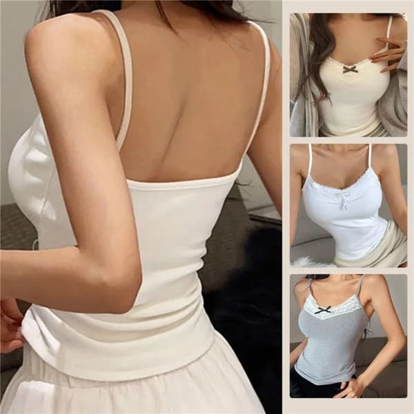 V-ringad Slim Tank Topp med Spetsdetaljer GRÅ Gray