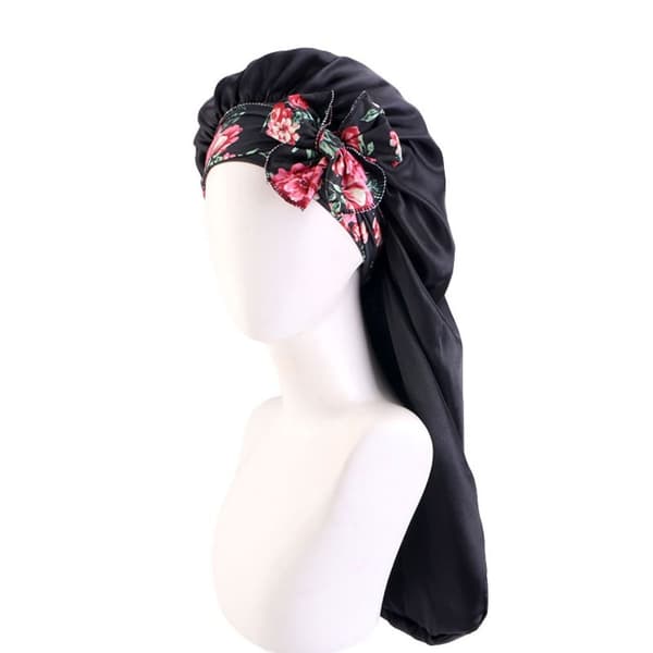 Lång Silkeslen Bonnet Tryckt Sovmössa SVART black