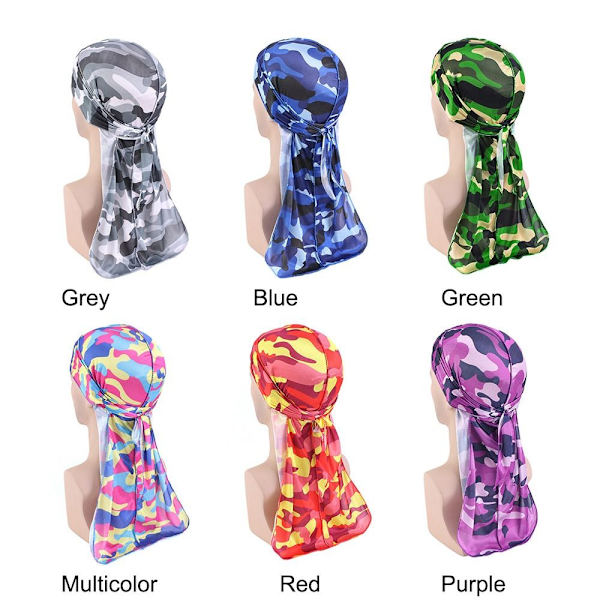 Silk Camouflage Durag Hip Hop Cloak Hat BLÅ blue