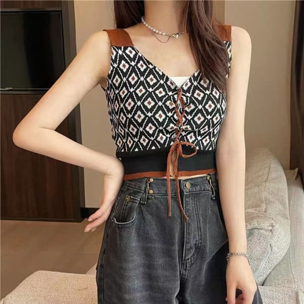 Trykt Strikket Camisole Dame Crop Top SORT Black
