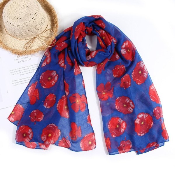 Poppy Print Skjerf Poppy Floral Sjal ROYAL BLUE Royal blue