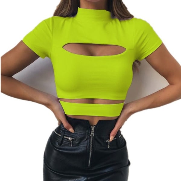 Ihålig enfärgad T-shirt dam T-shirt med halv turtleneck green L