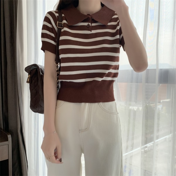 Strikket Stripe T-shirt Kort Top KAFFE Coffee