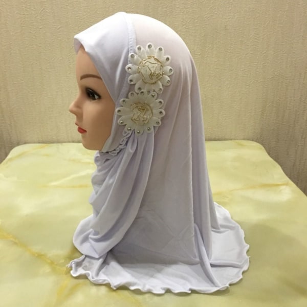 Hijab islamisk hovedtørklæde Børn One Piece Blomster tørklæde HVID White